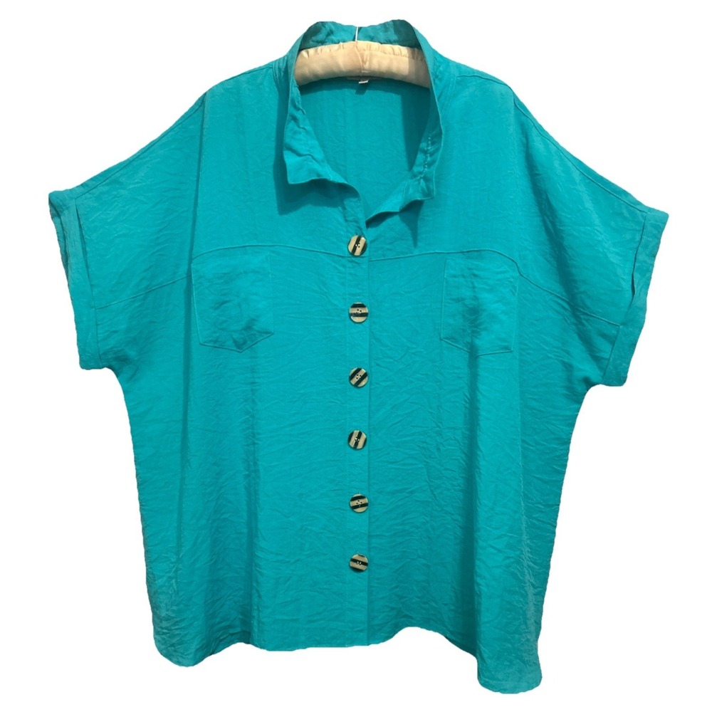 JOHN MARK Turquoise Button Down Ladies Top Plus Sz 3X Short Sleeves Art To Wear